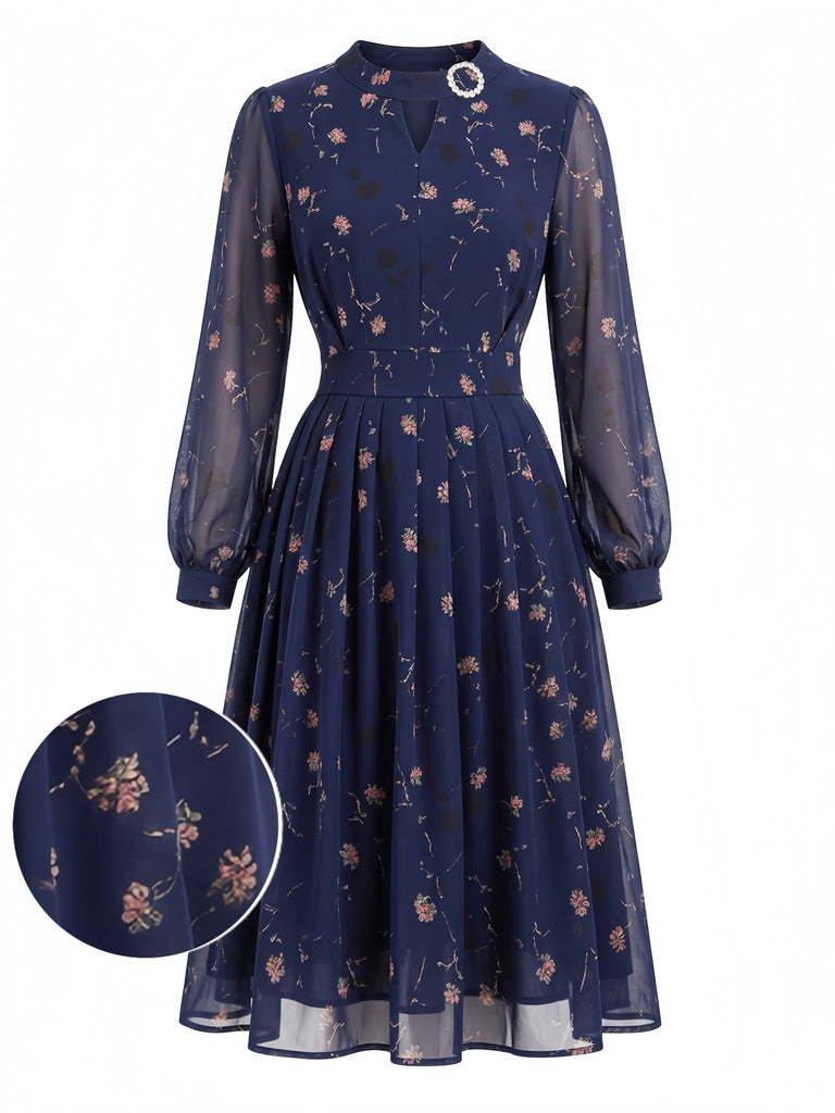 Abito Deep Blu Anni '40 Floreale a Fiorellini Lungo Manica Plissettato