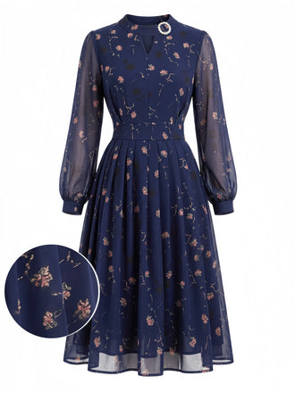 Abito Deep Blu Anni '40 Floreale a Fiorellini Lungo Manica Plissettato