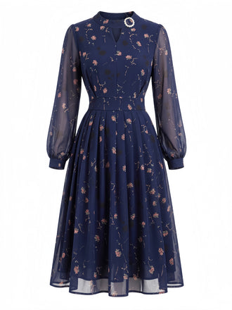 Abito Deep Blu Anni '40 Floreale a Fiorellini Lungo Manica Plissettato 2