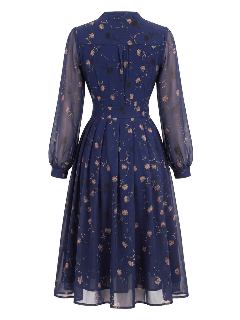 Abito Deep Blu Anni '40 Floreale a Fiorellini Lungo Manica Plissettato 3