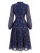 Abito Deep Blu Anni '40 Floreale a Fiorellini Lungo Manica Plissettato 3