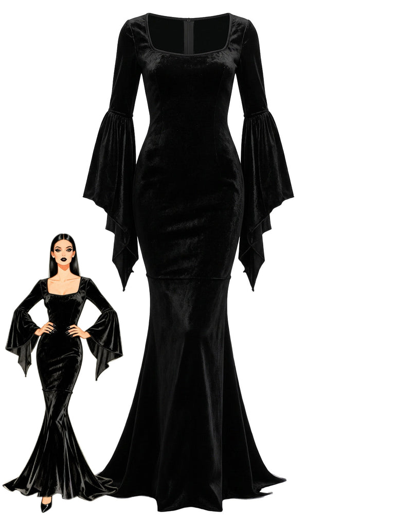 Abito a Sirena Nero Anni '30 Wednesday Morticia-inspired in Velluto Maniche a Campana