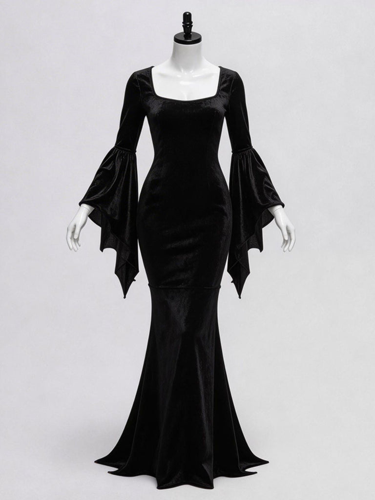 Abito a Sirena Nero Anni '30 Wednesday Morticia-inspired in Velluto Maniche a Campana 4