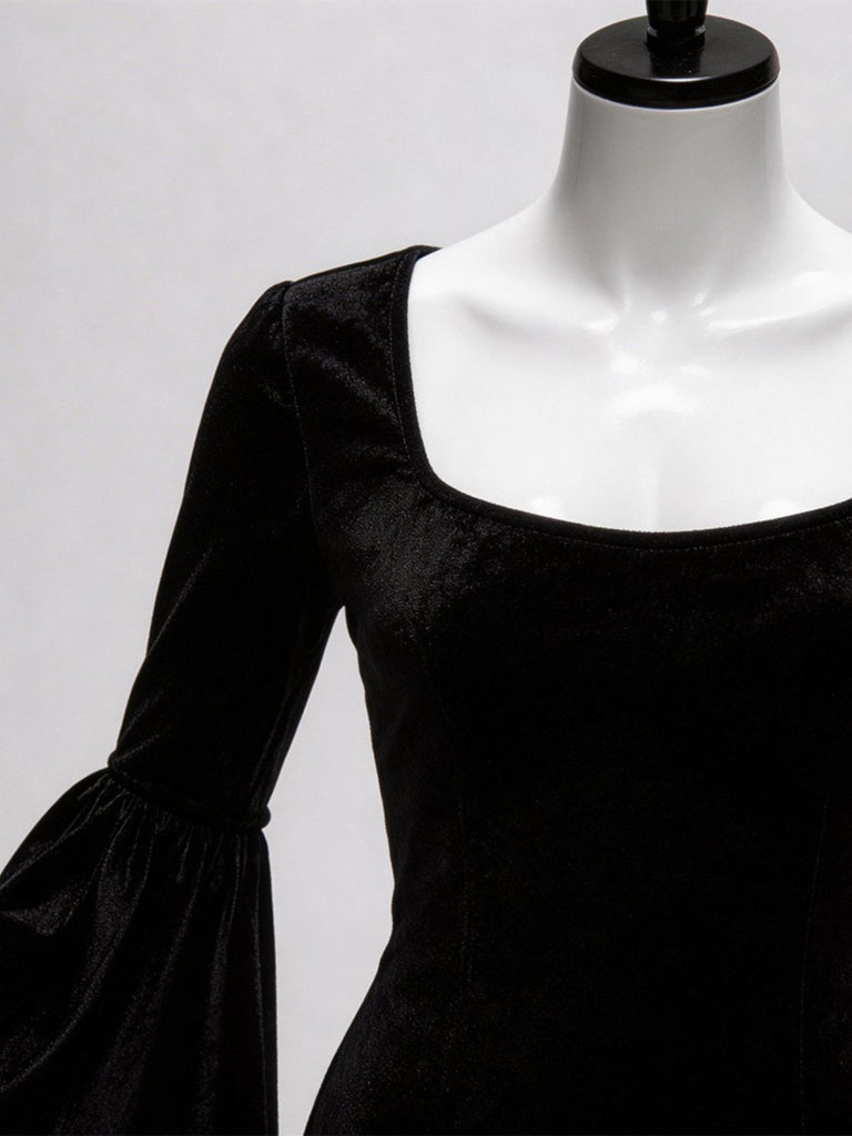 Abito a Sirena Nero Anni '30 Wednesday Morticia-inspired in Velluto Maniche a Campana 8