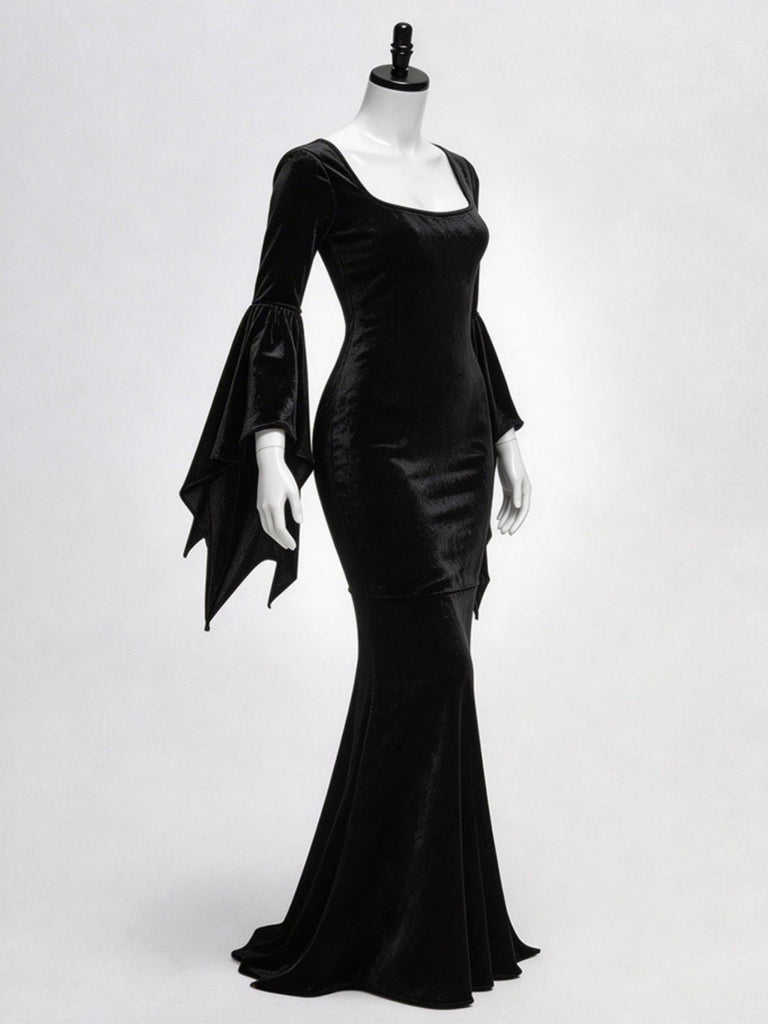 Abito a Sirena Nero Anni '30 Wednesday Morticia-inspired in Velluto Maniche a Campana 6