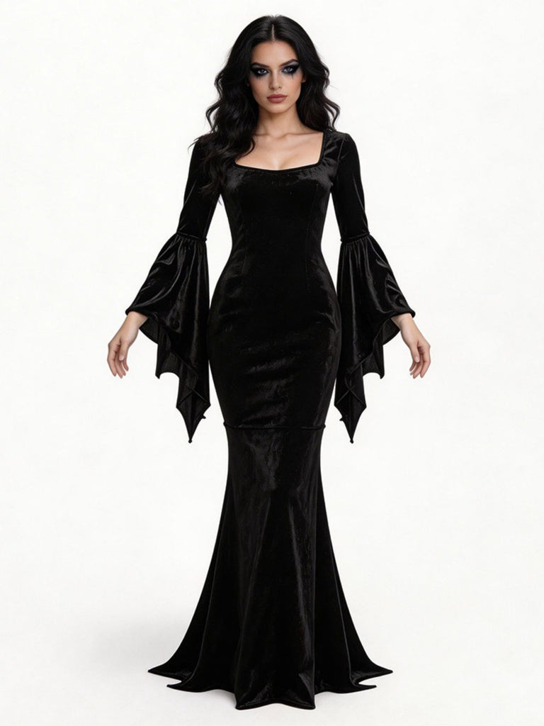 Abito a Sirena Nero Anni '30 Wednesday Morticia-inspired in Velluto Maniche a Campana 3