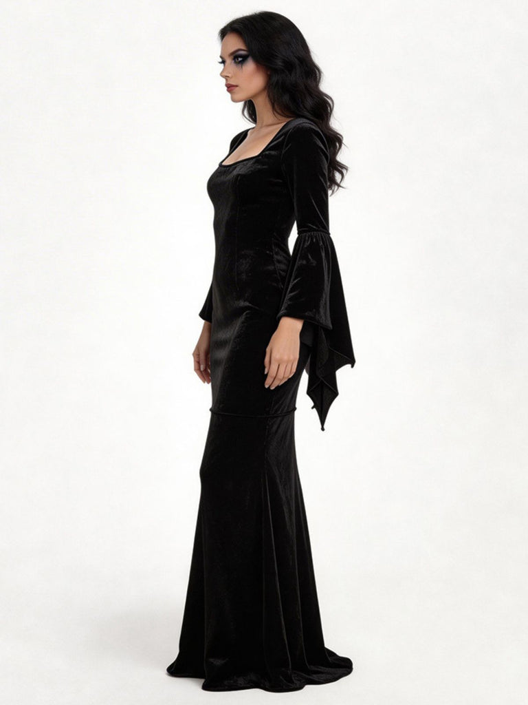 Abito a Sirena Nero Anni '30 Wednesday Morticia-inspired in Velluto Maniche a Campana 5