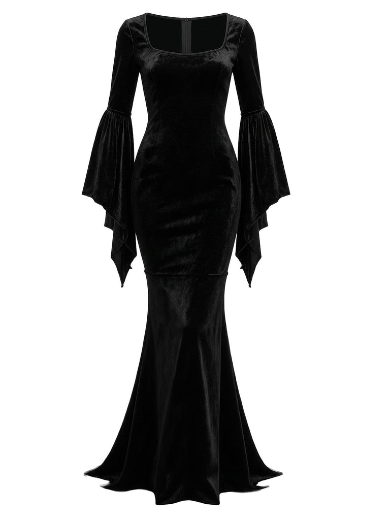 Abito a Sirena Nero Anni '30 Wednesday Morticia-inspired in Velluto Maniche a Campana 2