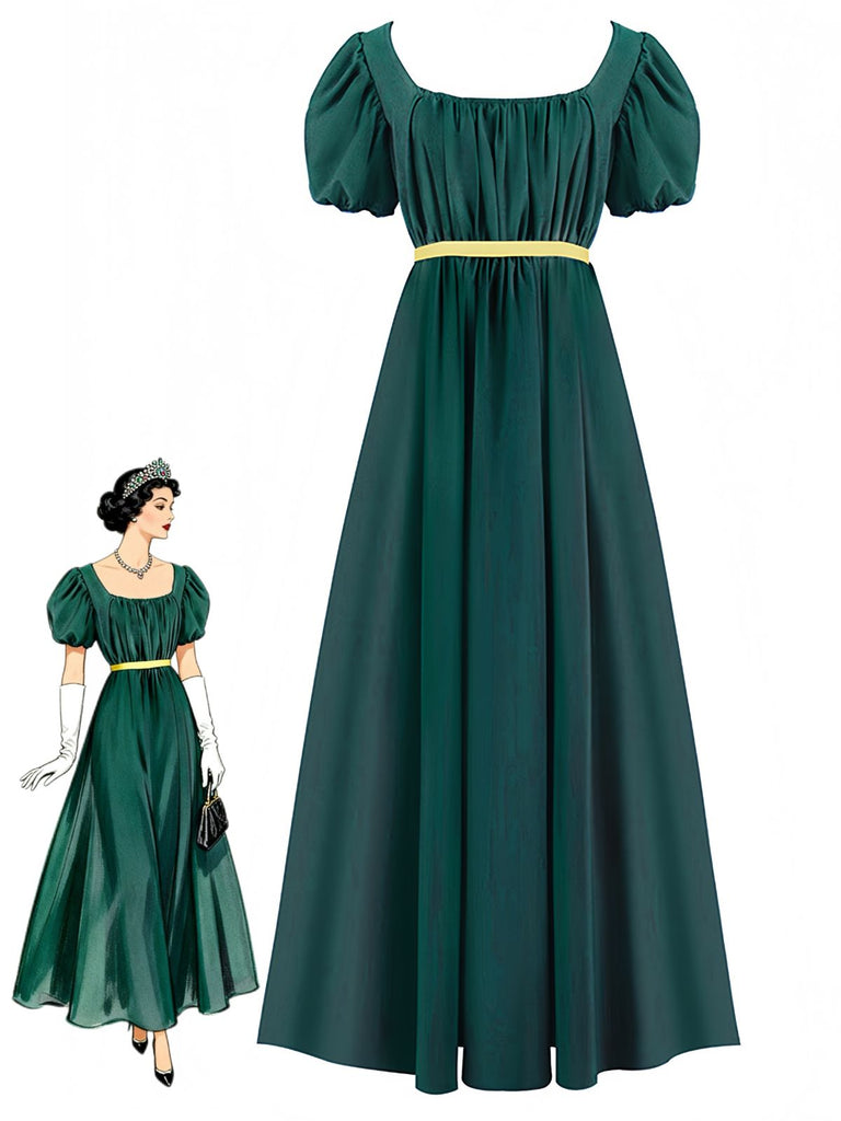 Abito Verde Anni '30 Vita Impero Maniche a Sbuffo Contrast Belt