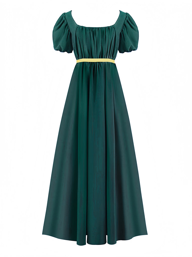 Abito Verde Anni '30 Vita Impero Maniche a Sbuffo Contrast Belt 2
