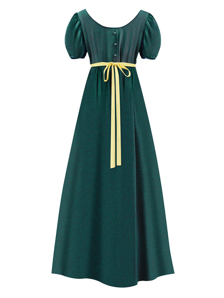 Abito Verde Anni '30 Vita Impero Maniche a Sbuffo Contrast Belt 3