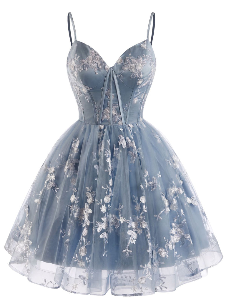 Abito Blu Anni '30 Floreale Ricamato in Tulle Scollo a Cuore Linea a