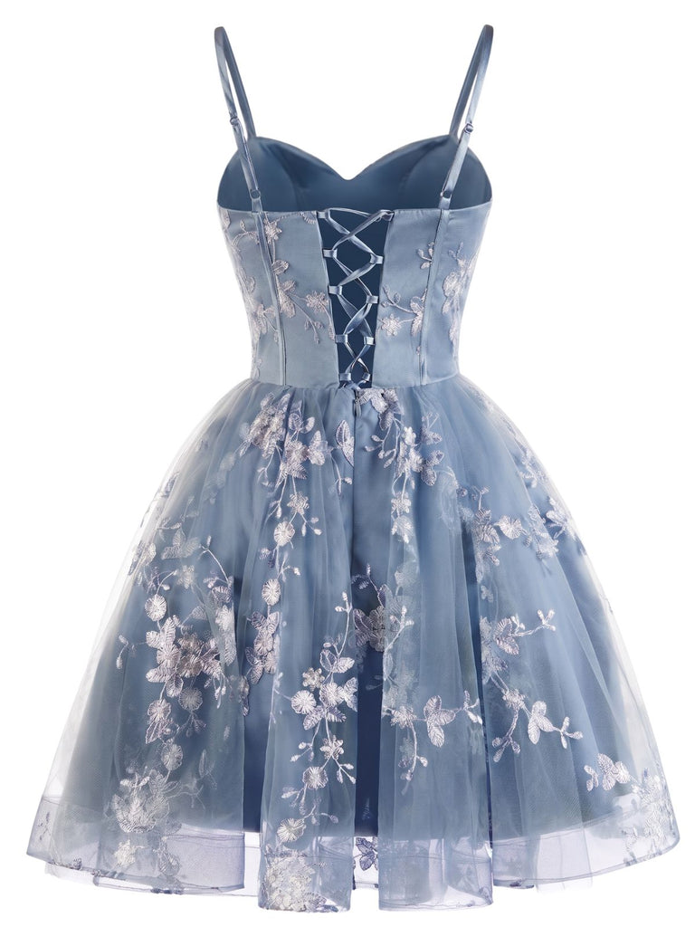 Abito Blu Anni '30 Floreale Ricamato in Tulle Scollo a Cuore Linea a 2