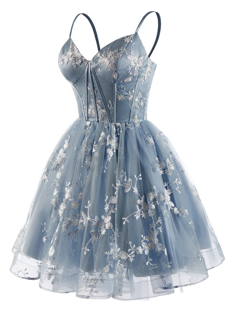 Abito Blu Anni '30 Floreale Ricamato in Tulle Scollo a Cuore Linea a 3