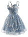 Abito Blu Anni '30 Floreale Ricamato in Tulle Scollo a Cuore Linea a 3