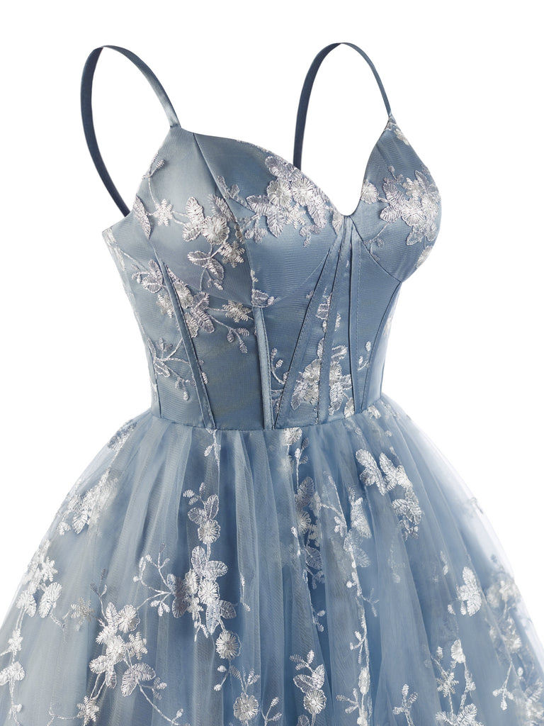 Abito Blu Anni '30 Floreale Ricamato in Tulle Scollo a Cuore Linea a 4