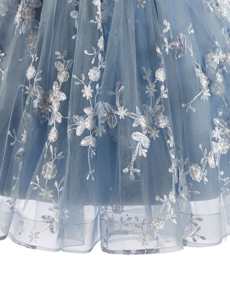 Abito Blu Anni '30 Floreale Ricamato in Tulle Scollo a Cuore Linea a 5