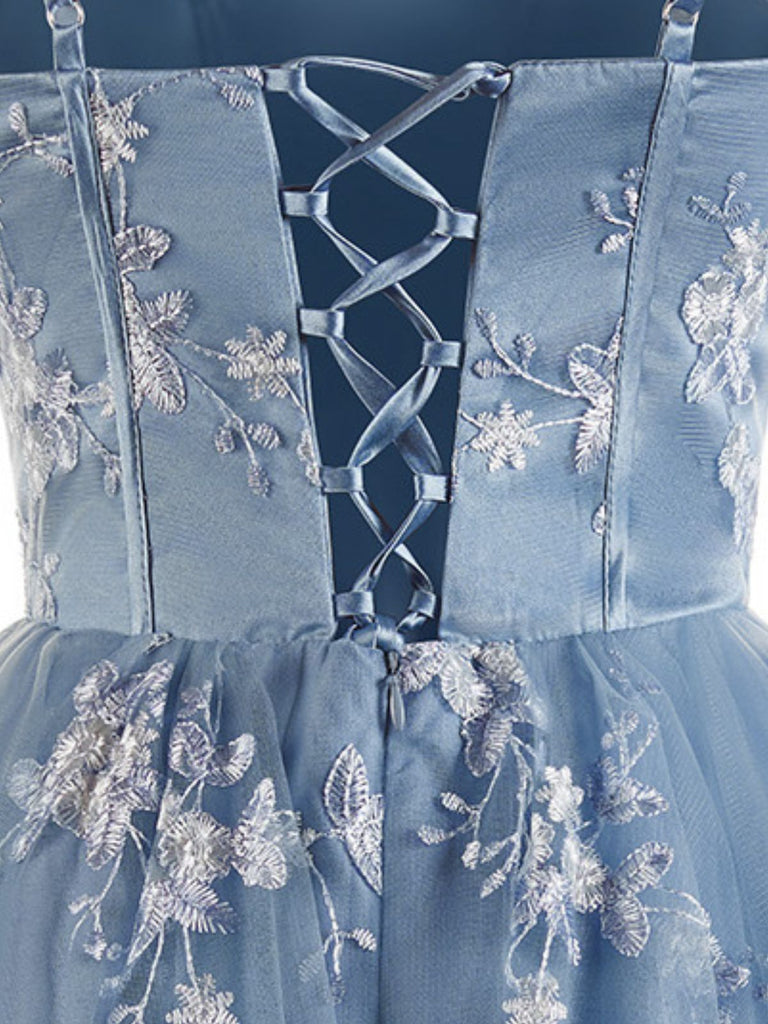 Abito Blu Anni '30 Floreale Ricamato in Tulle Scollo a Cuore Linea a 6