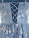 Abito Blu Anni '30 Floreale Ricamato in Tulle Scollo a Cuore Linea a 6