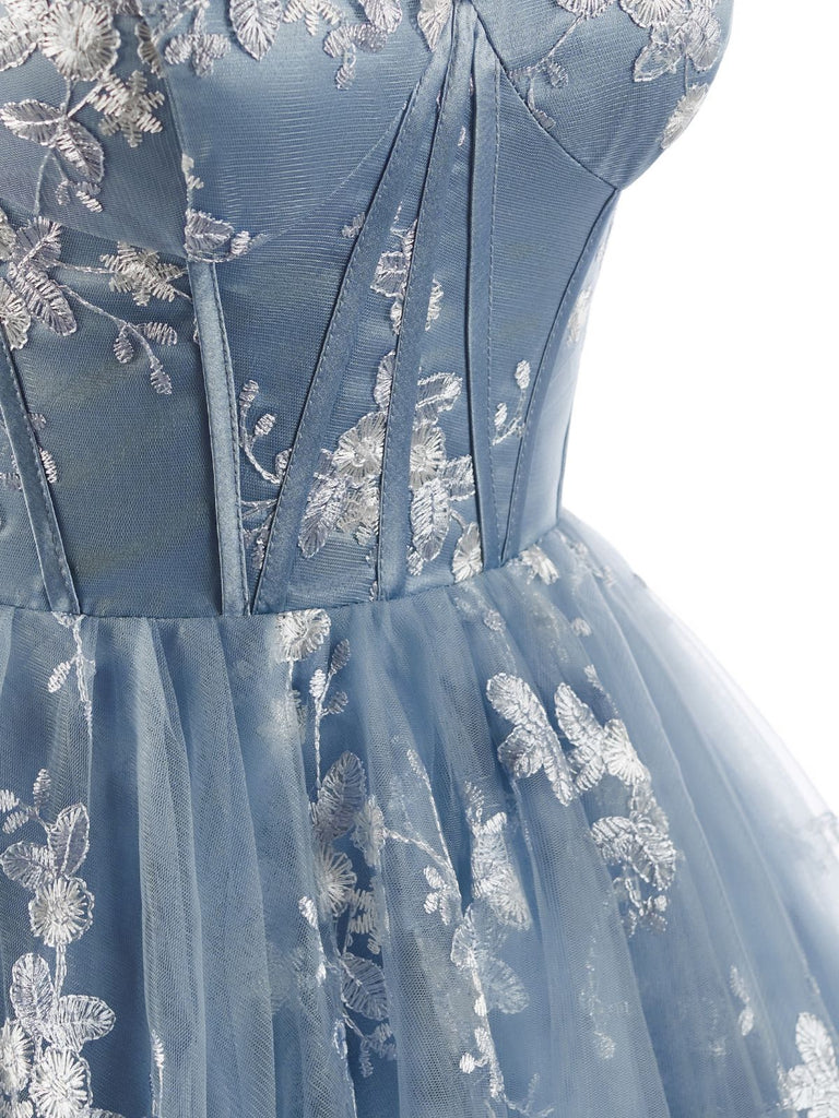 Abito Blu Anni '30 Floreale Ricamato in Tulle Scollo a Cuore Linea a 7