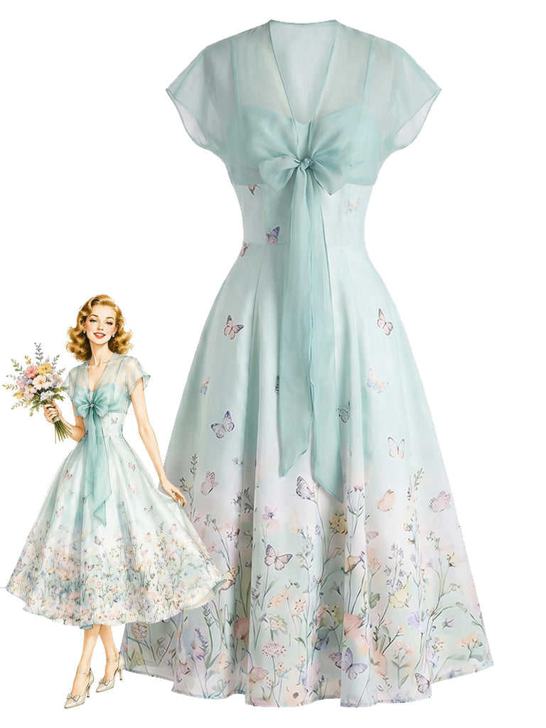 [Prevendita] Abito Azzurro Chiaro Anni '40 Floreale con in Chiffon Cape