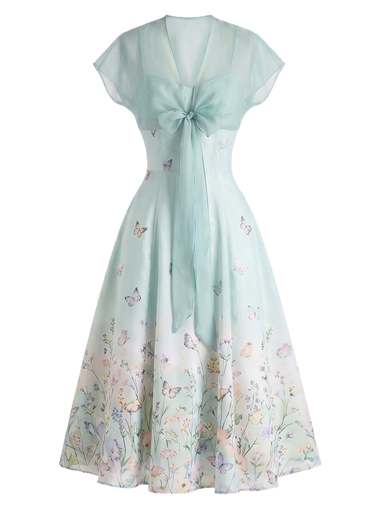 [Prevendita] Abito Azzurro Chiaro Anni '40 Floreale con in Chiffon Cape 2