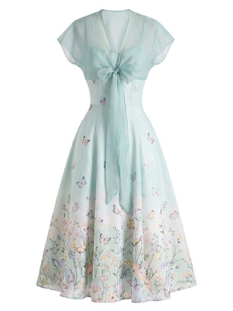 [Prevendita] Abito Azzurro Chiaro Anni '40 Floreale con in Chiffon Cape 2