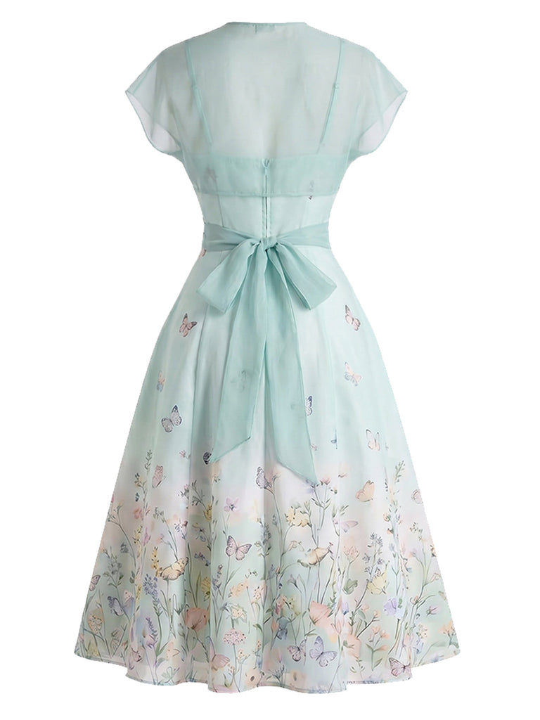 [Prevendita] Abito Azzurro Chiaro Anni '40 Floreale con in Chiffon Cape 3