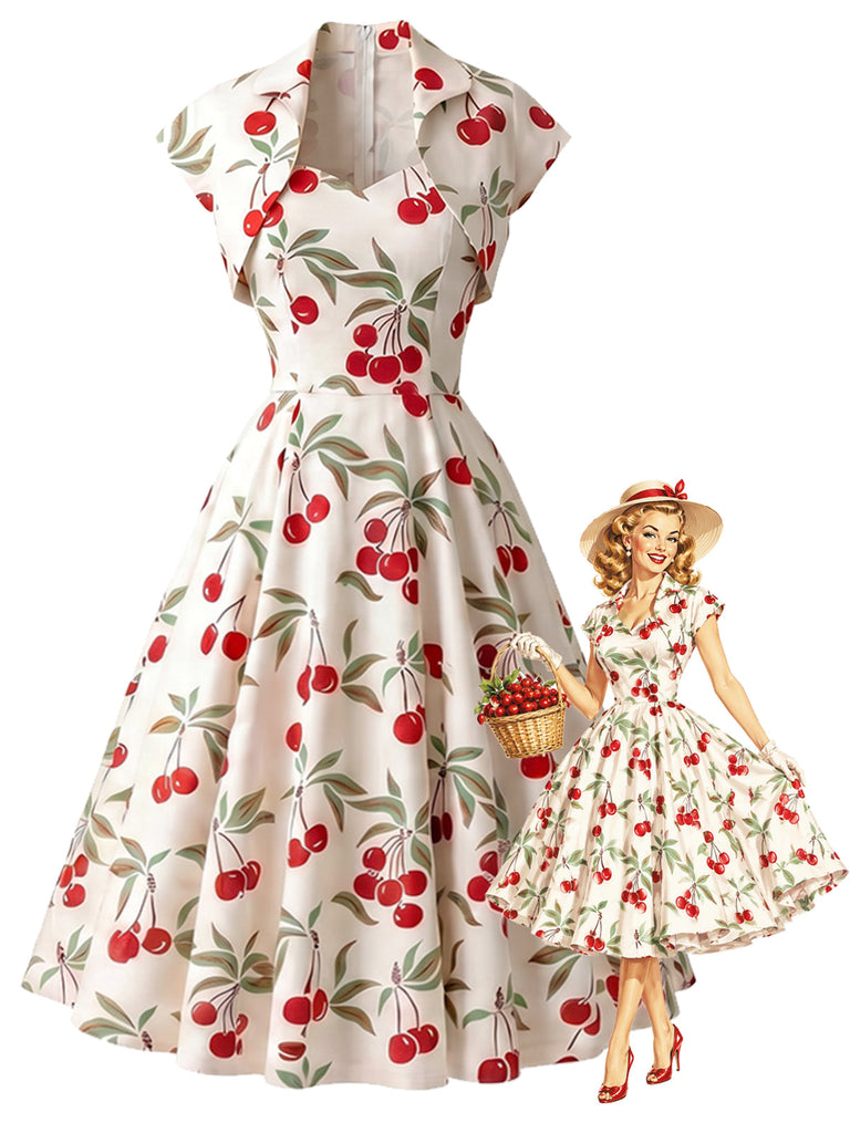 [Prevendita] Abito a Ruota Bianco Anni '50 Cherry Cap Sleeve Scollo a Cuore