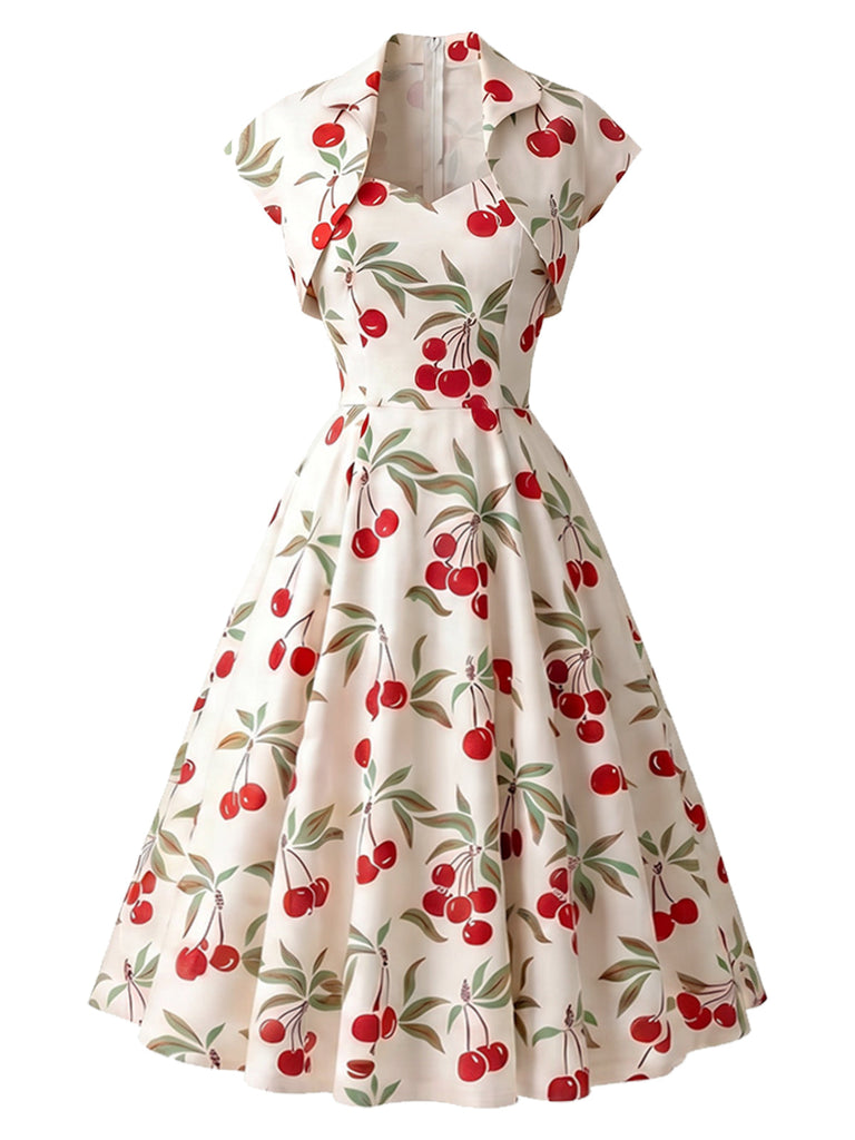 [Prevendita] Abito a Ruota Bianco Anni '50 Cherry Cap Sleeve Scollo a Cuore 2