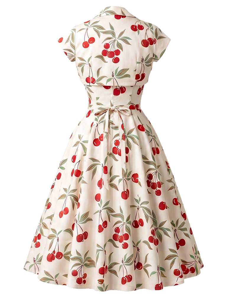 [Prevendita] Abito a Ruota Bianco Anni '50 Cherry Cap Sleeve Scollo a Cuore 3