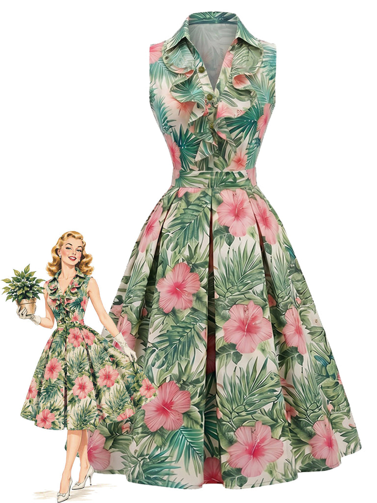 [Prevendita] Abito Pale Green Anni '50 Volant Collar Tropical Palm Floreale