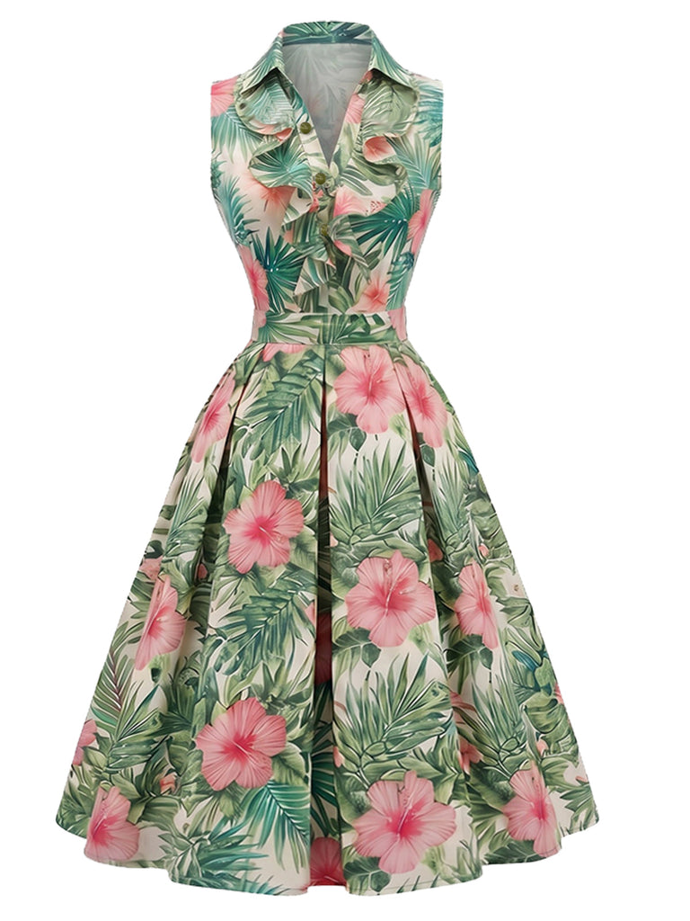 [Prevendita] Abito Pale Green Anni '50 Volant Collar Tropical Palm Floreale 2