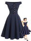 [Prevendita] Abito Blu Navy Anni '50 Gessato con Spalle Scoperte e Bottoni