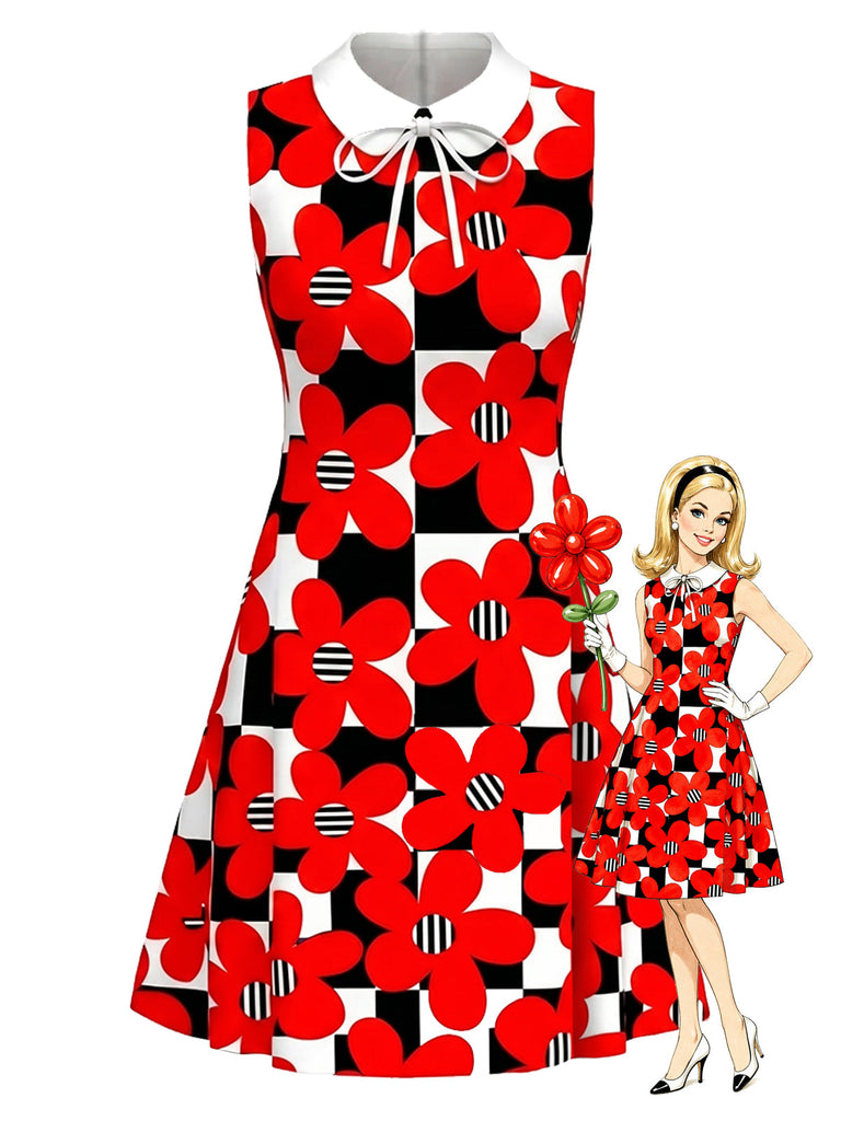 [Prevendita] Abito Mod Rosso Vivo Anni '60 a Quadri Floreale con Fiocco