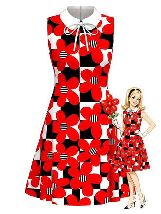 [Prevendita] Abito Mod Rosso Vivo Anni '60 a Quadri Floreale con Fiocco