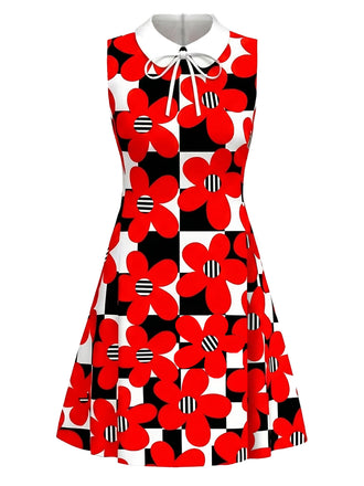 [Prevendita] Abito Mod Rosso Vivo Anni '60 a Quadri Floreale con Fiocco 2