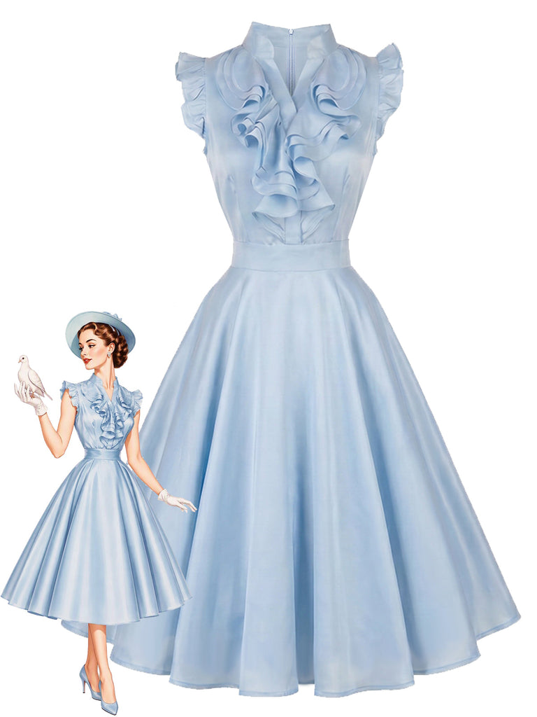 [Prevendita] Abito a Ruota Azzurro Chiaro Anni '50 Tinta Unita con Volant e Scollo a V