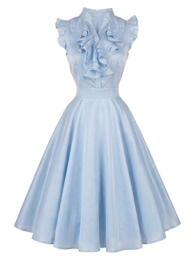 [Prevendita] Abito a Ruota Azzurro Chiaro Anni '50 Tinta Unita con Volant e Scollo a V 2