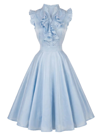 [Prevendita] Abito a Ruota Azzurro Chiaro Anni '50 Tinta Unita con Volant e Scollo a V 2