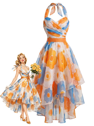 [Prevendita] Abito Arancione con Halter Floreale e Orlo Asimmetrico Anni '50