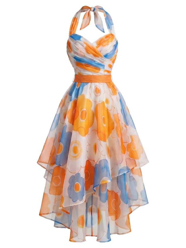 [Prevendita] Abito Arancione con Halter Floreale e Orlo Asimmetrico Anni '50 2