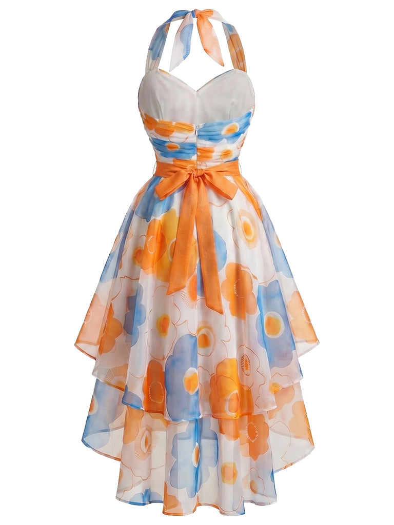 [Prevendita] Abito Arancione con Halter Floreale e Orlo Asimmetrico Anni '50 3
