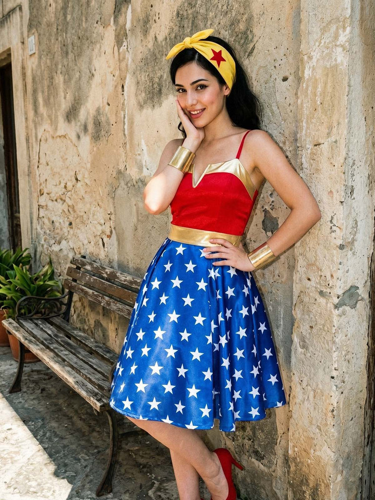 [Prevendita] Abito Svasato da Festa Wonder Woman Stampa Stelle Anni '50 3