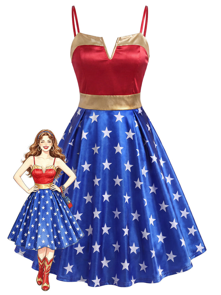[Prevendita] Abito Svasato da Festa Wonder Woman Stampa Stelle Anni '50