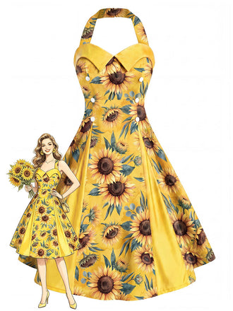 [Prevendita] Abito Giallo Anni '50 con Girasoli e Pieghe a Scatola