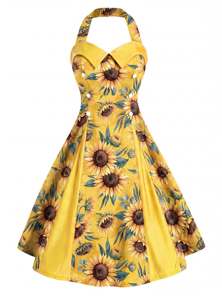 [Prevendita] Abito Giallo Anni '50 con Girasoli e Pieghe a Scatola