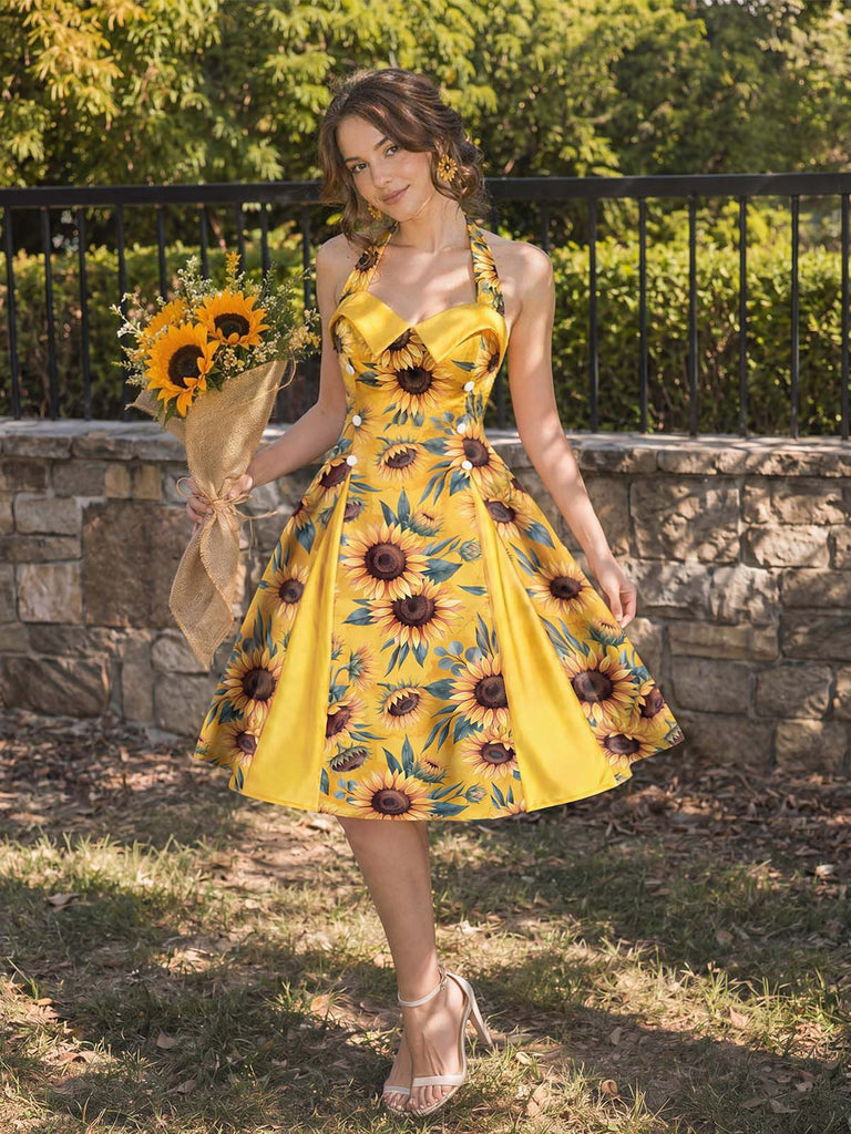 [Prevendita] Abito Giallo Anni '50 con Girasoli e Pieghe a Scatola