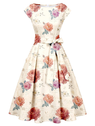 [Prevendita] Abito Midi Avorio con Rose Floreali Vintage e Fiocco Anni '50 2
