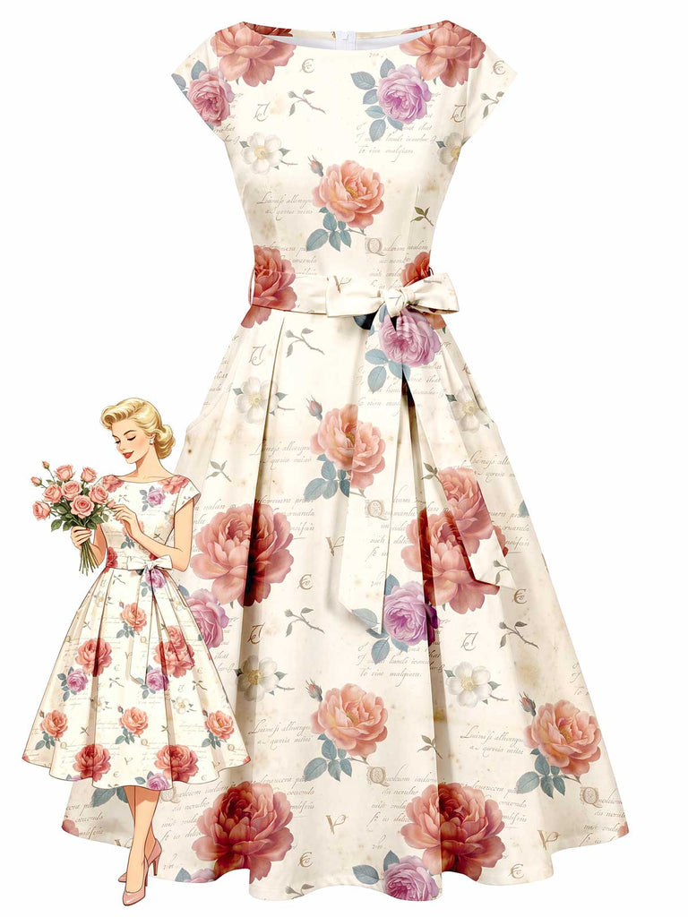 [Prevendita] Abito Midi Avorio con Rose Floreali Vintage e Fiocco Anni '50
